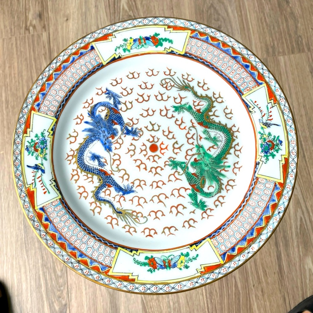 Antique Chinese Porcelain 10 Inch Plate Imperial Double Green & Blue Dragons